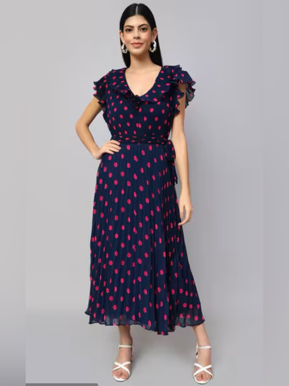 Amagyaa NWT Navy Pink Polka Dot Pleated Midi Dress XL Belted